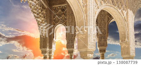 Arches in Islamic (Moorish) style (against the sunset) in Alhambra, Granada, Spain 138087739