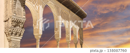 Arches in Islamic (Moorish) style (against the sunset) in Alhambra, Granada, Spain Arches in Islamic (Moorish) style (against the sunset) in Alhambra, Granada, Spain 138087760