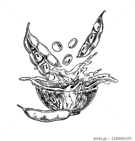 Soybean oil. Soybeans fall into a wooden bowl of oil. Black and white vector graphics. Perfect for creating labels, advertisements, packaging, banners, posters, and more Soybean oil. Soybeans fall into a wooden bowl of oil. Black and white vector graphics. Perfect for creating labels, advertisements, packaging, banners, posters, and more 138088105