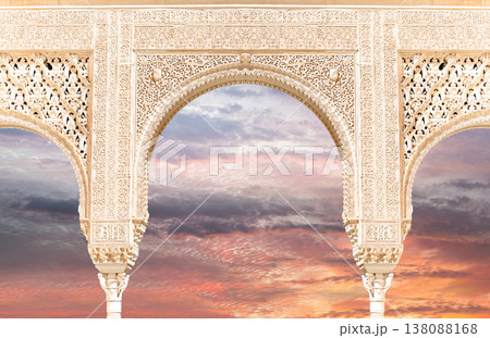 Arches in Islamic (Moorish) style (against the sunset) in Alhambra, Granada, Spain Arches in Islamic (Moorish) style (against the sunset) in Alhambra, Granada, Spain 138088168