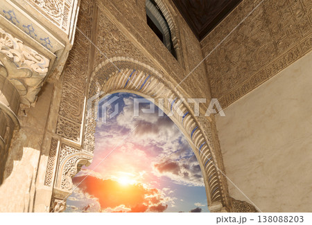 Arches in Islamic (Moorish) style (against the sunset) in Alhambra, Granada, Spain Arches in Islamic (Moorish) style (against the sunset) in Alhambra, Granada, Spain 138088203