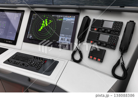 Modern ship bridge navigation console 138088386