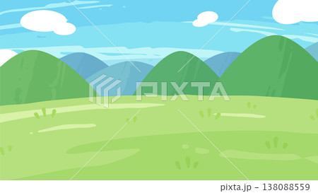 絵の具で描いたような草原と山の背景イラスト_16:9 絵の具で描いたような草原と山の背景イラスト_16:9 138088559