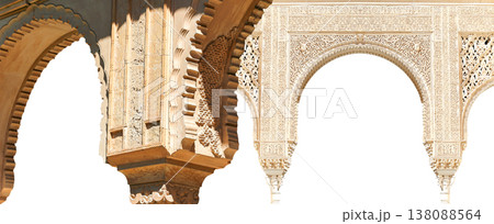 Arches in Islamic (Moorish) style (carved on white background) in Alhambra, Granada, Spain Arches in Islamic (Moorish) style (carved on white background) in Alhambra, Granada, Spain 138088564