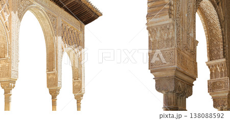 Arches in Islamic (Moorish) style (carved on white background) in Alhambra, Granada, Spain Arches in Islamic (Moorish) style (carved on white background) in Alhambra, Granada, Spain 138088592