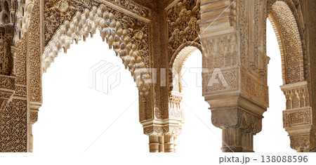Arches in Islamic (Moorish) style (carved on white background) in Alhambra, Granada, Spain Arches in Islamic (Moorish) style (carved on white background) in Alhambra, Granada, Spain 138088596