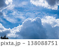 A photograph of a blue summer sky with large, bulky cumulus clouds floating across it, illuminated by sunlight. A template for artwork, screensaver 138088751
