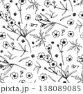 Seamless floral pattern with hand drawn ranunculus and buttercup flowers. Vector botanical line art illustration on white background for textile, wallpaper, and wedding invitations. 138089085