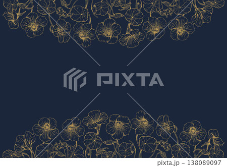 Golden botanical nasturtium flower line art on dark navy background, floral border with hand drawn blossoms and leaves, vector illustration for premium branding, wedding invitations and packaging. Golden botanical nasturtium flower line art on dark navy background, floral border with hand drawn blossoms and leaves, vector illustration for premium branding, wedding invitations and packaging. 138089097