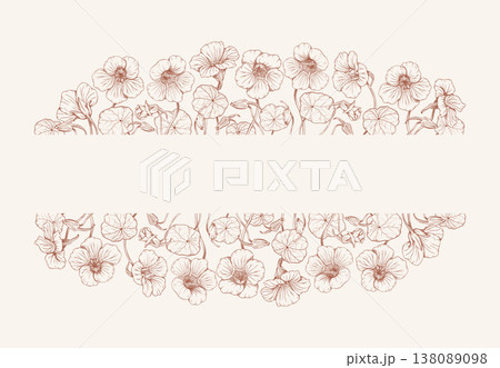 Vector botanical nasturtium flower line art in vintage sepia tone, hand drawn floral border with blossoms and leaves, retro ink sketch for wedding invitation, greeting cards, labels, packaging. Vector botanical nasturtium flower line art in vintage sepia tone, hand drawn floral border with blossoms and leaves, retro ink sketch for wedding invitation, greeting cards, labels, packaging. 138089098