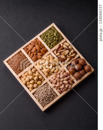 A mix of cashews, pistachios, almonds, macadamia and hazelnuts. Nuts as a food background 138089157