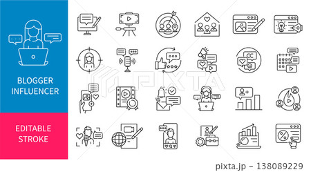 Influencer and Content Creator Line Icon Set, Social Media Marketing, Blogging, Digital Creation, and Online Business Outline Icons 138089229