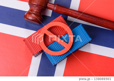 The cargo container ban on the Norwegian flag as a conceptual backdrop. The cargo container embargo The cargo container ban on the Norwegian flag as a conceptual backdrop. The cargo container embargo 138089301