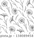 Black and white vector seamless pattern. Hand drawn daisy flowers and leaves. Detailed botanical engraving style sketch on white background. For textile, invitations, wallpaper, packaging design. 138089458