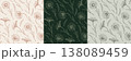 Collection of three seamless patterns with hand drawn daisy flowers and leaves. Botanical engraving style sketches in various color palettes cream, dark green, and sage. Vector graphics 138089459