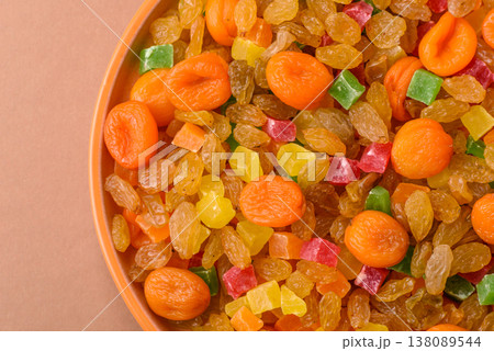 Dried apricots, raisins, and candied fruits as ingredients for baked goods and sweets. Dried fruits 138089544