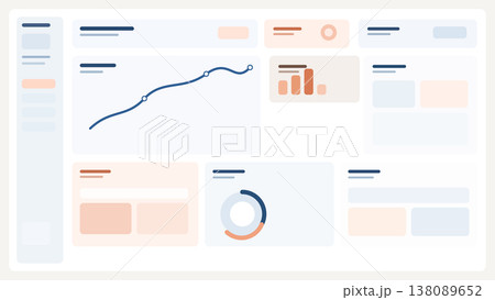 Abstract UI dashboard background with floating cards, analytics panels, sidebar layout, and soft modern interface blocks for web design use today now. 138089652