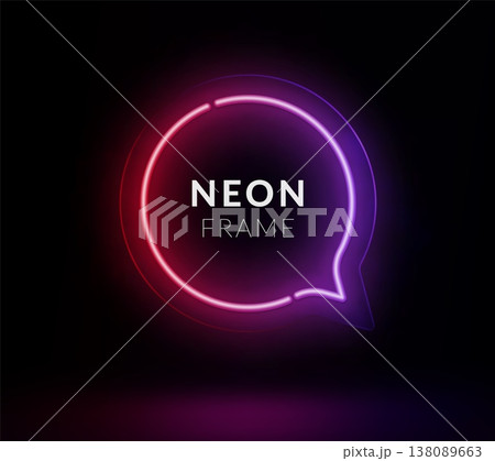 Round neon speech bubble with red purple gradient in black background. Illuminated chat icon with vibrant light. Futuristic glowing message frame effect. 138089663