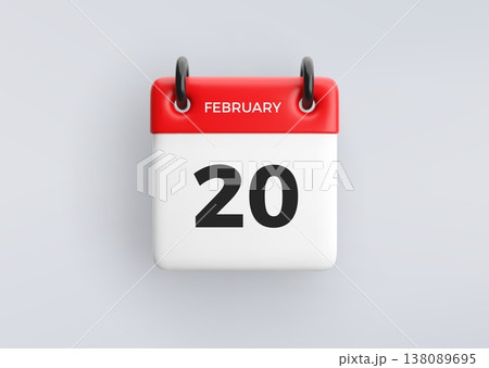 3D calendar icon with date 20 February on grey background. Vector schedule symbol. 3D calendar icon with date 20 February on grey background. Vector schedule symbol. 138089695
