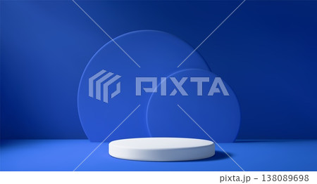Blue studio with elegant white podium and natural light. Modern 3D stage for product showcase. Clean minimalist space for displaying item on stand. 138089698