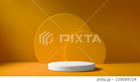 Orange room with white podium and natural light. Vector realistic 3D scene for product showcase. Minimalist space for displaying item on stand. 138089724