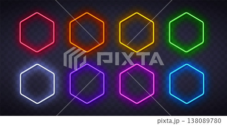 Neon hexagon frame with glowing border in blue, red, and green light. Futuristic geometric badges with led effect for modern digital design Neon hexagon frame with glowing border in blue, red, and green light. Futuristic geometric badges with led effect for modern digital design 138089780