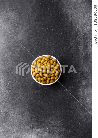 Canned green edamame beans as a healthy vegan ingredient. Edamame beans 138090009