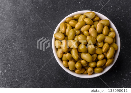 Canned green edamame beans as a healthy vegan ingredient. Edamame beans 138090011