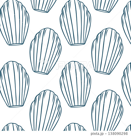 Scalloped madeleine repeat in Mediterranean blue doodle style. French pastry pattern for bakery branding or dessert packaging 138090298