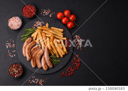Grilled pork or chicken sausages, smoked fried food with salt and spices. Grilled sausages 138090383