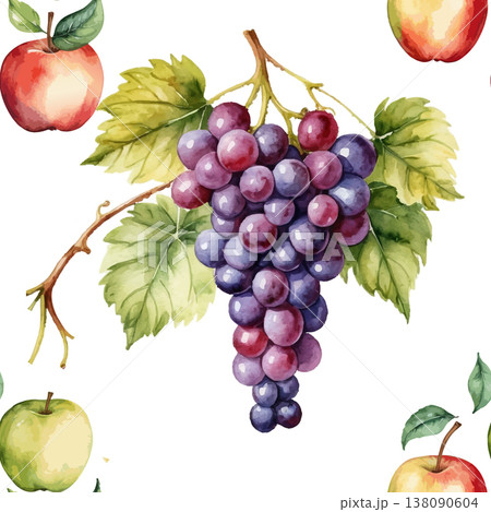 Seamless Watercolor Grapes and Apples Pattern. 138090604
