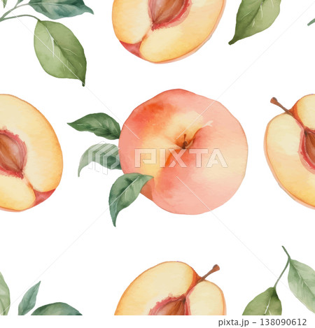 Seamless Watercolor Peach Pattern with Leaves. 138090612