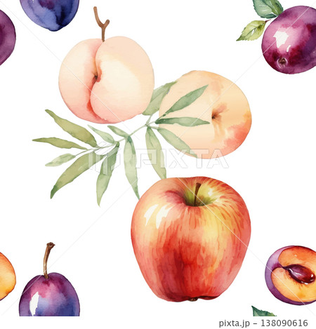 Seamless Watercolor Fruits Pattern: Apple, Peach, Plum. 138090616