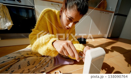 Female Craftsperson Skillfully Fitting Leg Into Table Structure With Focused Dedication And Steady Hands Female Craftsperson Skillfully Fitting Leg Into Table Structure With Focused Dedication And Steady Hands 138090764