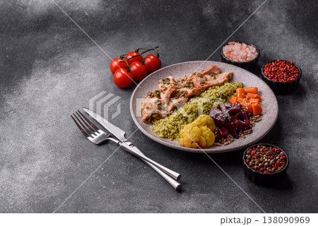 A bowl with chicken or turkey, porridge, vegetables, sauce, and spices. A meat bowl A bowl with chicken or turkey, porridge, vegetables, sauce, and spices. A meat bowl 138090969
