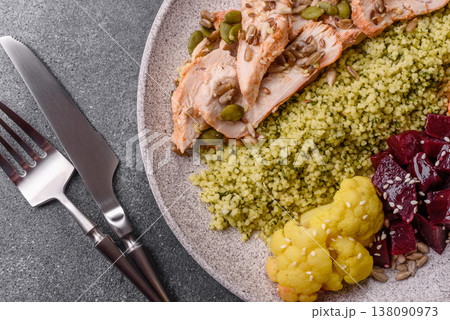 A bowl with chicken or turkey, porridge, vegetables, sauce, and spices. A meat bowl A bowl with chicken or turkey, porridge, vegetables, sauce, and spices. A meat bowl 138090973