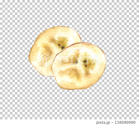 Watercolor illustration with round pieces of peeled banana on an isolated background. Realistic clipart with pieces of ripe fruit for decorating baby food, pastries and healthy food products. Watercolor illustration with round pieces of peeled banana on an isolated background. Realistic clipart with pieces of ripe fruit for decorating baby food, pastries and healthy food products. 138090990