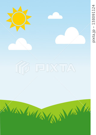 Bright vector illustration of a sunny landscape with a yellow sun, white clouds, clear blue sky, green grassy hills with blades of grass. Spring or summer scene. Vertical background with copy space. 138091124