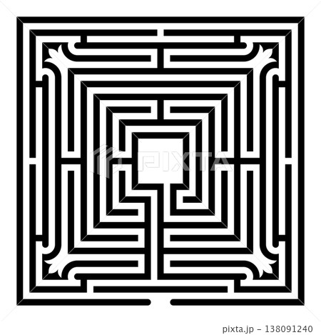 Square shaped medieval maze, like those found in gardens of castles. The entrance to the labyrinth is at the bottom, and you have to traverse all four quadrants to reach the goal in the center. Vector Square shaped medieval maze, like those found in gardens of castles. The entrance to the labyrinth is at the bottom, and you have to traverse all four quadrants to reach the goal in the center. Vector 138091240