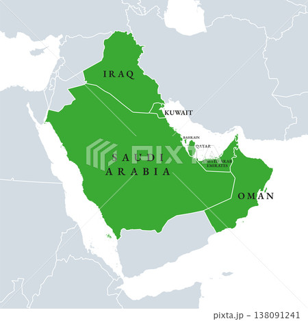 Arab States of the Persian Gulf, political map. Commonly referred to as the Gulf Arab states, comprising Bahrain, Iraq, Kuwait, Oman, Qatar, Saudi Arabia, and the United Arab Emirates. Vector Arab States of the Persian Gulf, political map. Commonly referred to as the Gulf Arab states, comprising Bahrain, Iraq, Kuwait, Oman, Qatar, Saudi Arabia, and the United Arab Emirates. Vector 138091241
