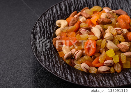 A mix of nuts and dried fruits as ingredients for a healthy meal. Nuts and dried fruits A mix of nuts and dried fruits as ingredients for a healthy meal. Nuts and dried fruits 138091516
