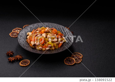 A mix of nuts and dried fruits as ingredients for a healthy meal. Nuts and dried fruits A mix of nuts and dried fruits as ingredients for a healthy meal. Nuts and dried fruits 138091522