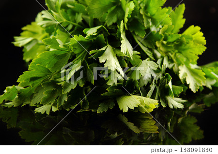 Close-up parsley leaves with dew drops on black background. Close-up parsley leaves with dew drops on black background. 138091830