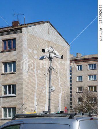 Mobile CCTV surveillance cameras mounted on vehicle in urban area monitoring city environment Mobile CCTV surveillance cameras mounted on vehicle in urban area monitoring city environment 138092053