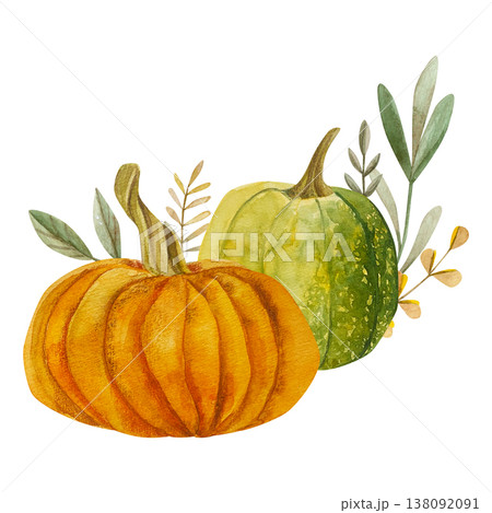 Hand-drawn watercolor orange and green pumpkin with autumn branches. Eco-friendly branding 138092091