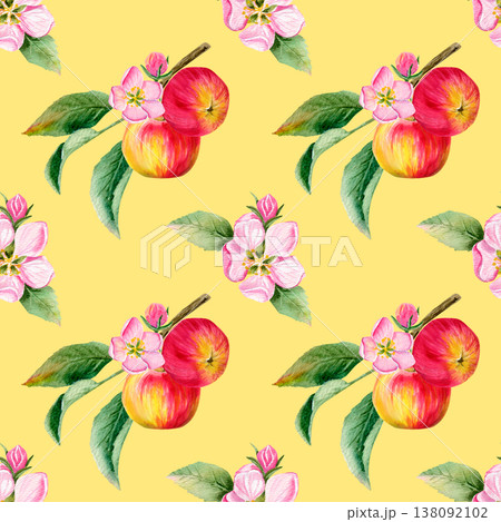 watercolor seamless pattern with juicy red two apples on a branch and pink flower and bud with leaves watercolor seamless pattern with juicy red two apples on a branch and pink flower and bud with leaves 138092102