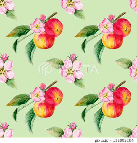 watercolor seamless pattern with juicy red two apples on a branch and pink flower and bud with leaves 138092104