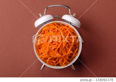 Spicy Korean carrot salad, grated with salt and spices, an Asian dish. Korean carrots Spicy Korean carrot salad, grated with salt and spices, an Asian dish. Korean carrots 138092178