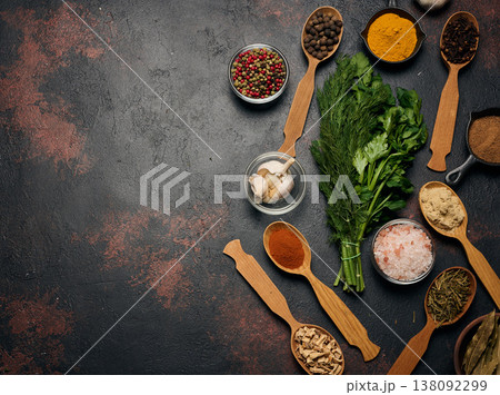 Spices, herbs, and garlic on a dark background. Turmeric, paprika, pepper, cloves, ginger, and salt in bowls and spoons Spices, herbs, and garlic on a dark background. Turmeric, paprika, pepper, cloves, ginger, and salt in bowls and spoons 138092299
