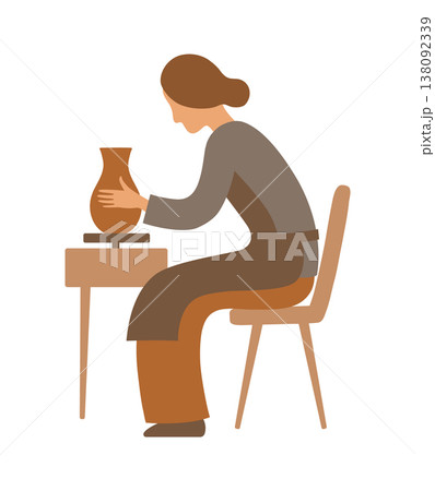 Female potter sculpts a jug out of clay side view. Color vector minimalist illustration isolated on white background. Female potter sculpts a jug out of clay side view. Color vector minimalist illustration isolated on white background. 138092339
